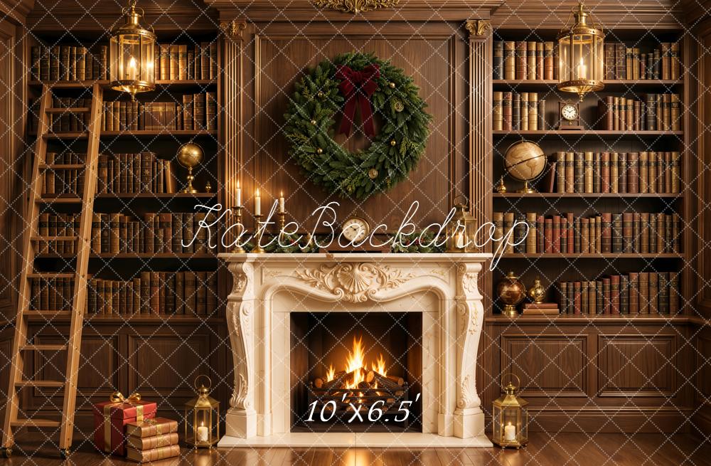 Kate Christmas Fireplace Retro Library Bookshelves Wreath Printed Backdrop Designed by Emetselch