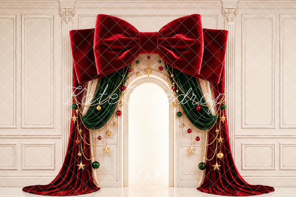 Kate Christmas Red Velvet Bow Arch Ornaments Printed Backdrop Designed by Emetselch