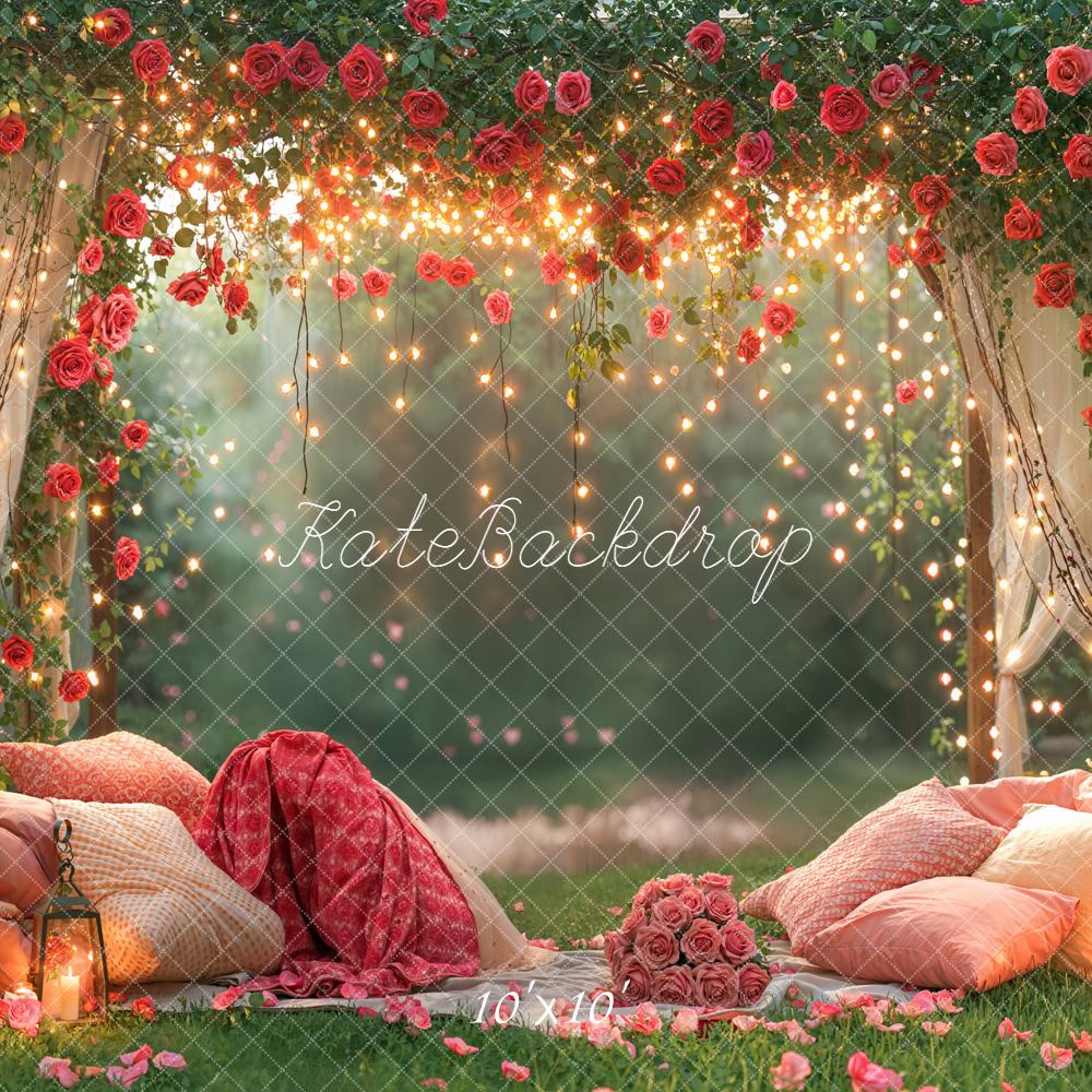 Kate Valentines Rose Arch Cozy Pillows Garden Fairy Lights Backdrop Designed by Emetselch
