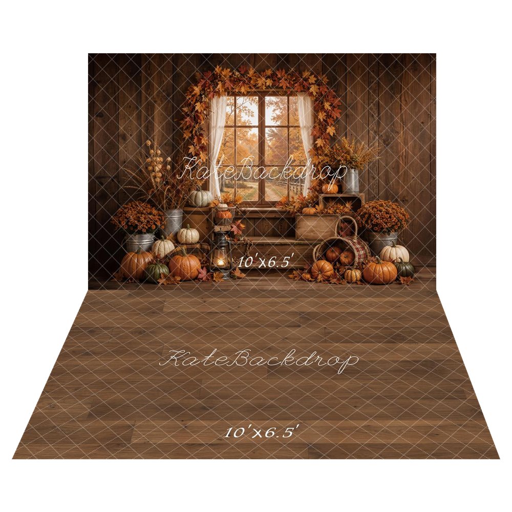Kate Fall Pumpkins Window Maple Leaves Rustic Wood Printed Backdrop+Brown Wood Floor Printed Backdrop