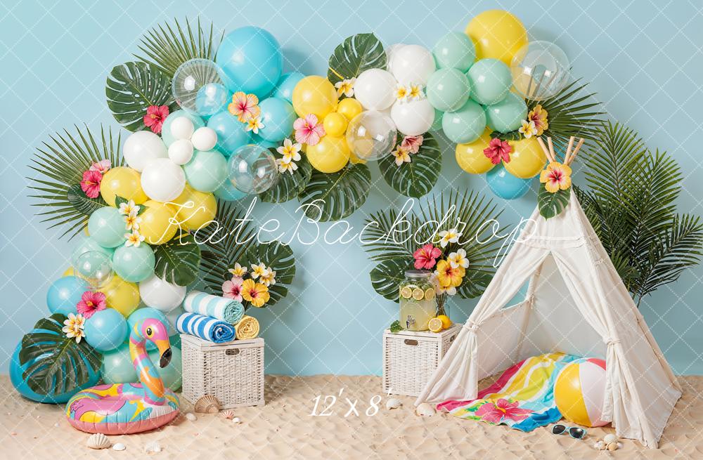 Kate Cake Smash Balloon Arch Flamingo Tent Beach Scene Backdrop Designed by Emetselch