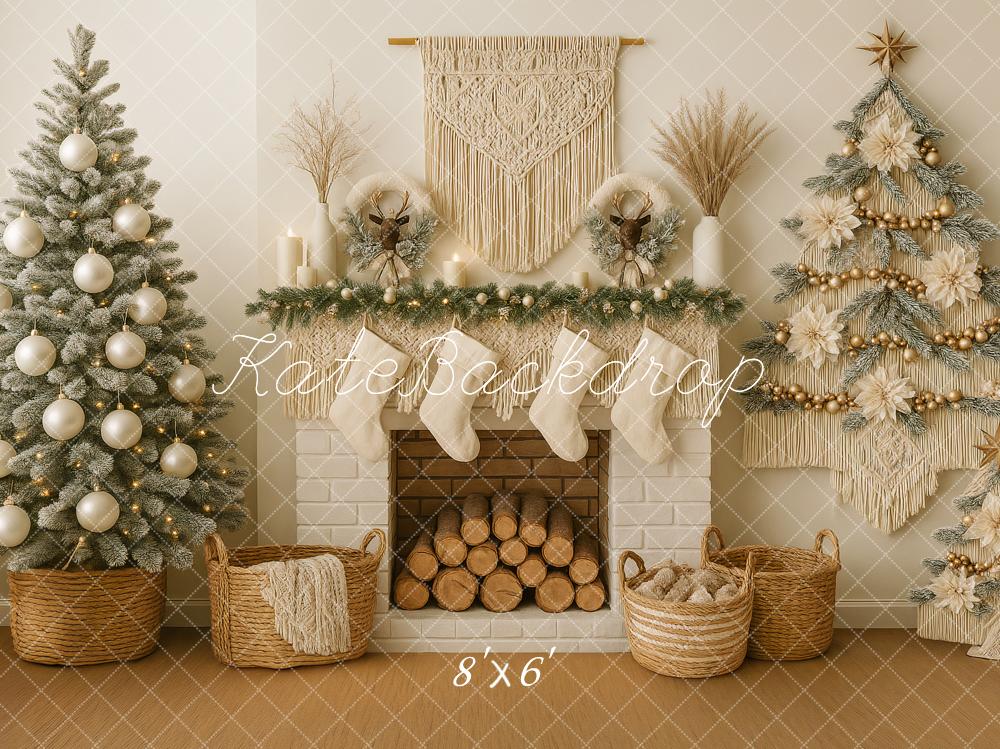 Kate Christmas Boho Neutral Fireplace Macrame Trees Backdrop Designed by Ashley Paul