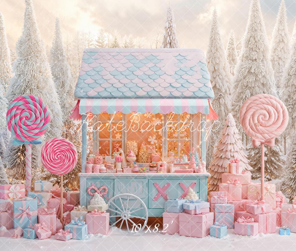 Kate Christmas Candy Stand Lollipops Gift Snowy Pastel Backdrop Designed by Emetselch
