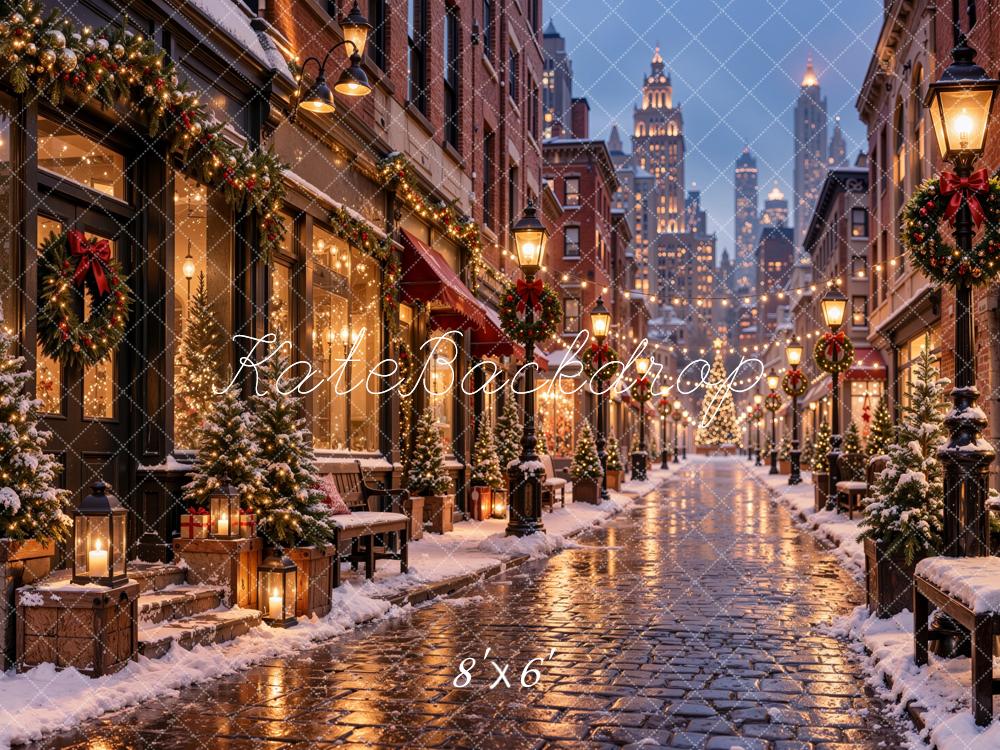 Kate Christmas City Street Snowy Buildings Cobblestone Printed Backdrop Designed by Jordan Moon