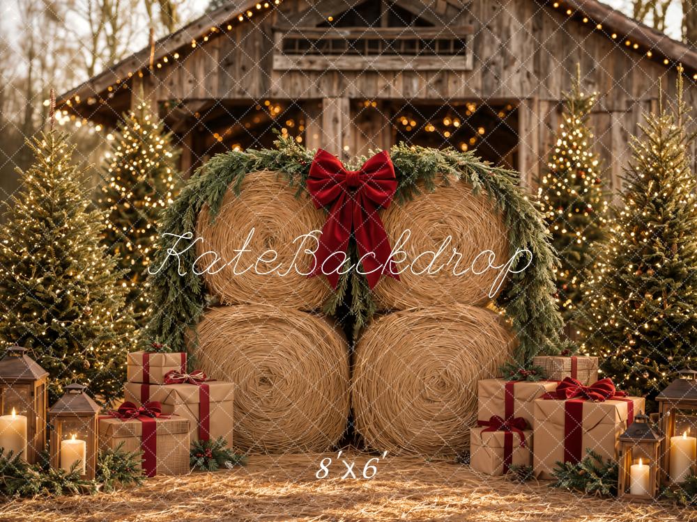 Kate Christmas Hay Bales Rustic Barn Pine Trees Gifts Printed Backdrop Designed by Emetselch
