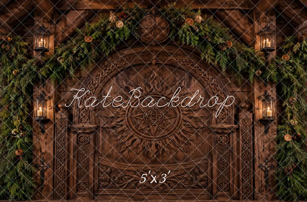 Kate Christmas Celtic Solstice Woodwork Rustic Wooden Door Pine Garland Printed Backdrop Designed by Vertigo Productions