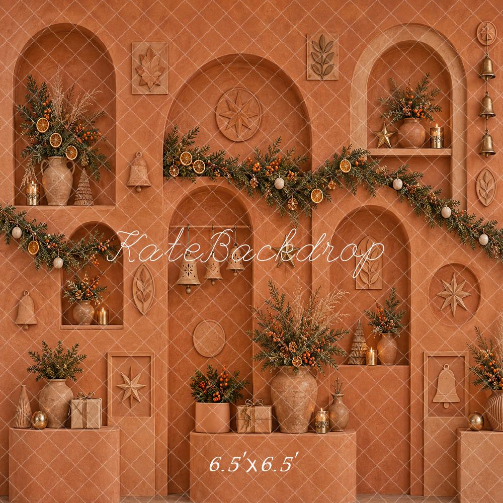 Kate Christmas Terracotta Arches Garland Botanicals Bells Printed Backdrop Designed by Vertigo Productions