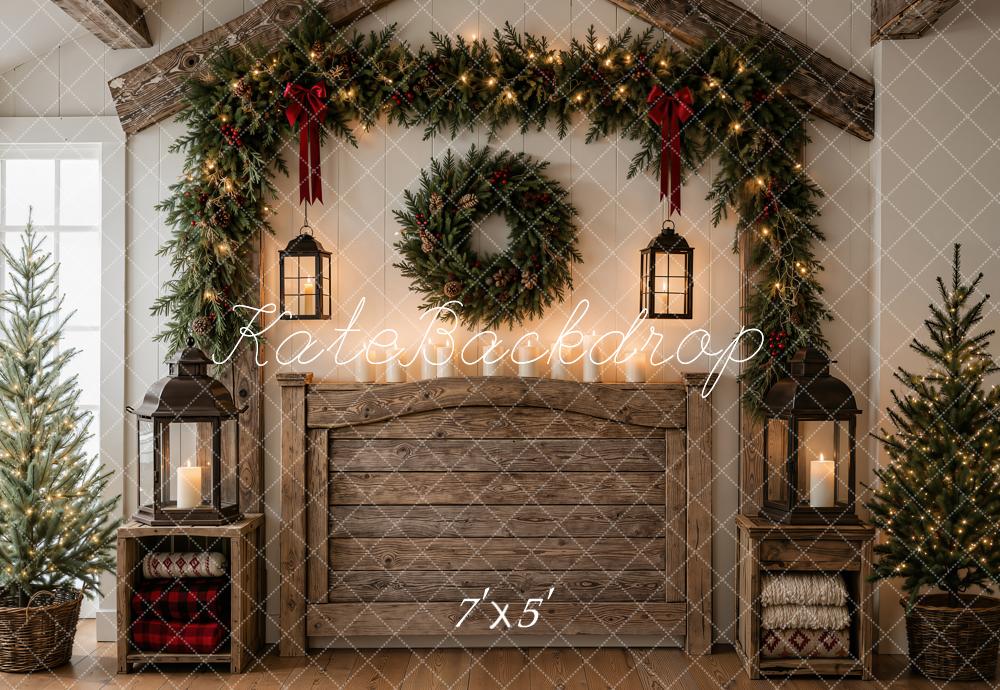 Kate Christmas Rustic Wood Headboard Garland Wreath Lanterns Printed Backdrop Designed by Emetselch