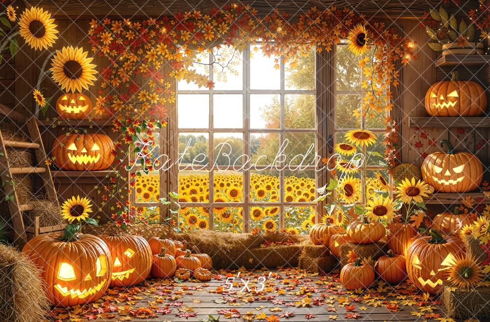Kate Halloween Fall Sunflower Pumpkin Leaves Printed Backdrop Designed