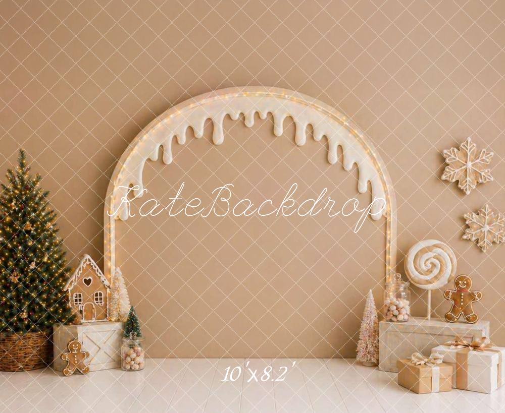 Kate Christmas Headboard Gingerbread Arch Candy Tree Beige Printed Backdrop Designed by Caitlin Lynch
