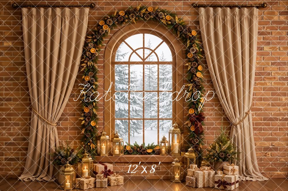 Kate Christmas Arched Window Curtains Garland Lanterns Gifts Brick Wall Printed Backdrop Designed by Emetselch