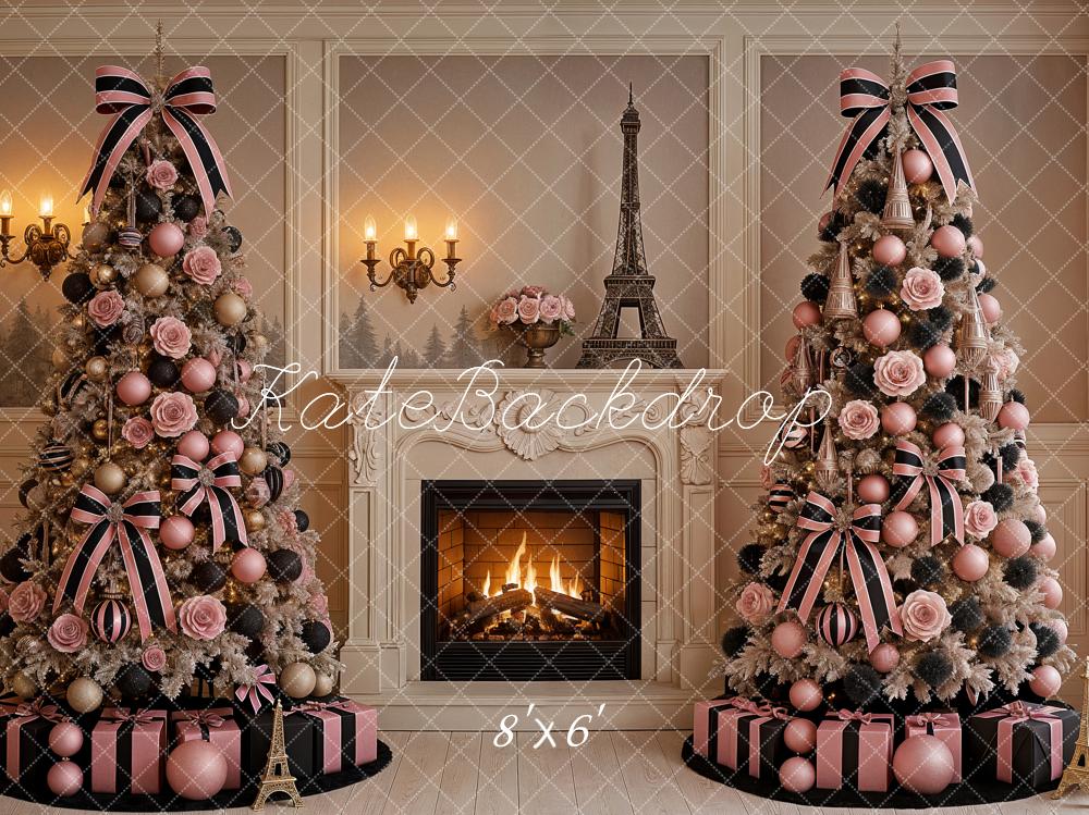 Kate Christmas Tree Pink Eiffel Tower Fireplace Chic Backdrop Designed by Ashley Paul