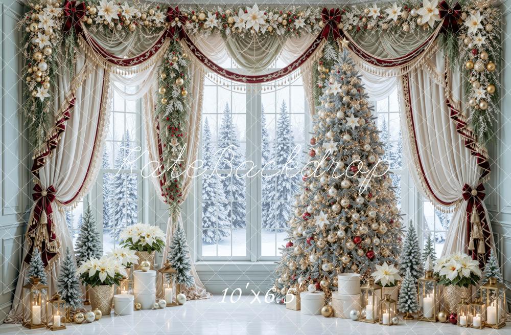 Kate Christmas Tree Window Luxury Drapery Poinsettia Printed Backdrop Designed by Mini MakeBelieve