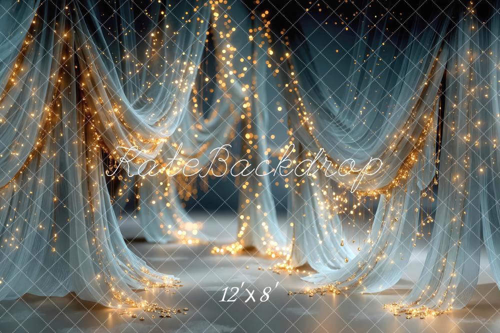 Kate Blue Drapes String Lights Printed Backdrop Designed by Mini MakeBelieve