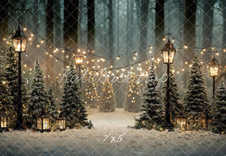 Kate Christmas Snowy Misty Forest Lantern String Lights Printed Backdrop Designed by Emetselch
