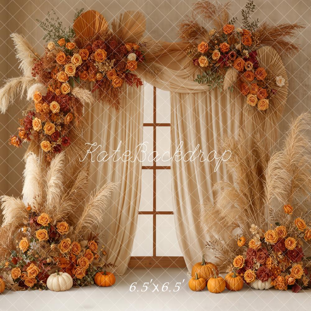 Kate Fall Boho Flower Arch Pumpkins Window Curtains Backdrop Designed by Emetselch