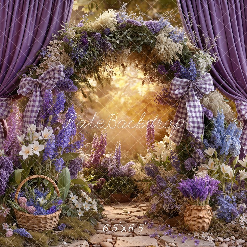 Kate Spring Flower Arch Purple Curtains Baskets Backdrop Designed by Emetselch