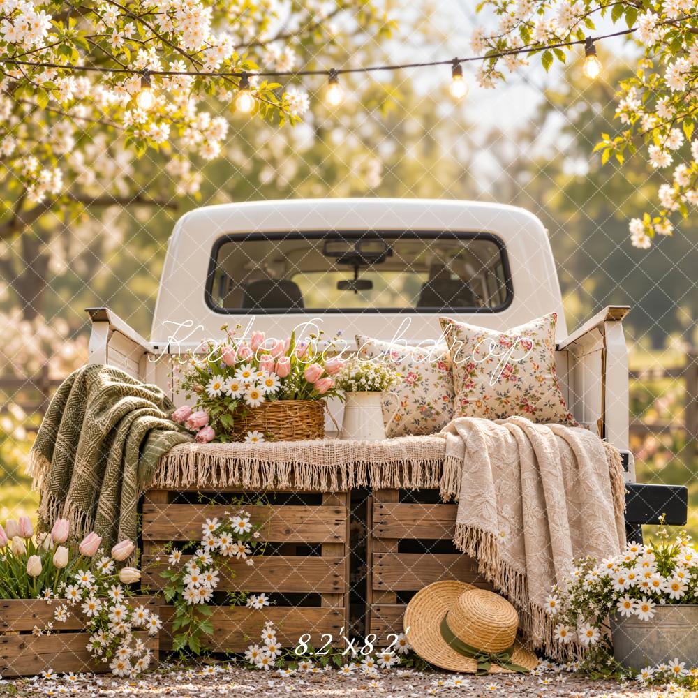 Kate Spring Vintage Truck Floral Blanket Rustic Outdoor Printed Backdrop Designed by Emetselch