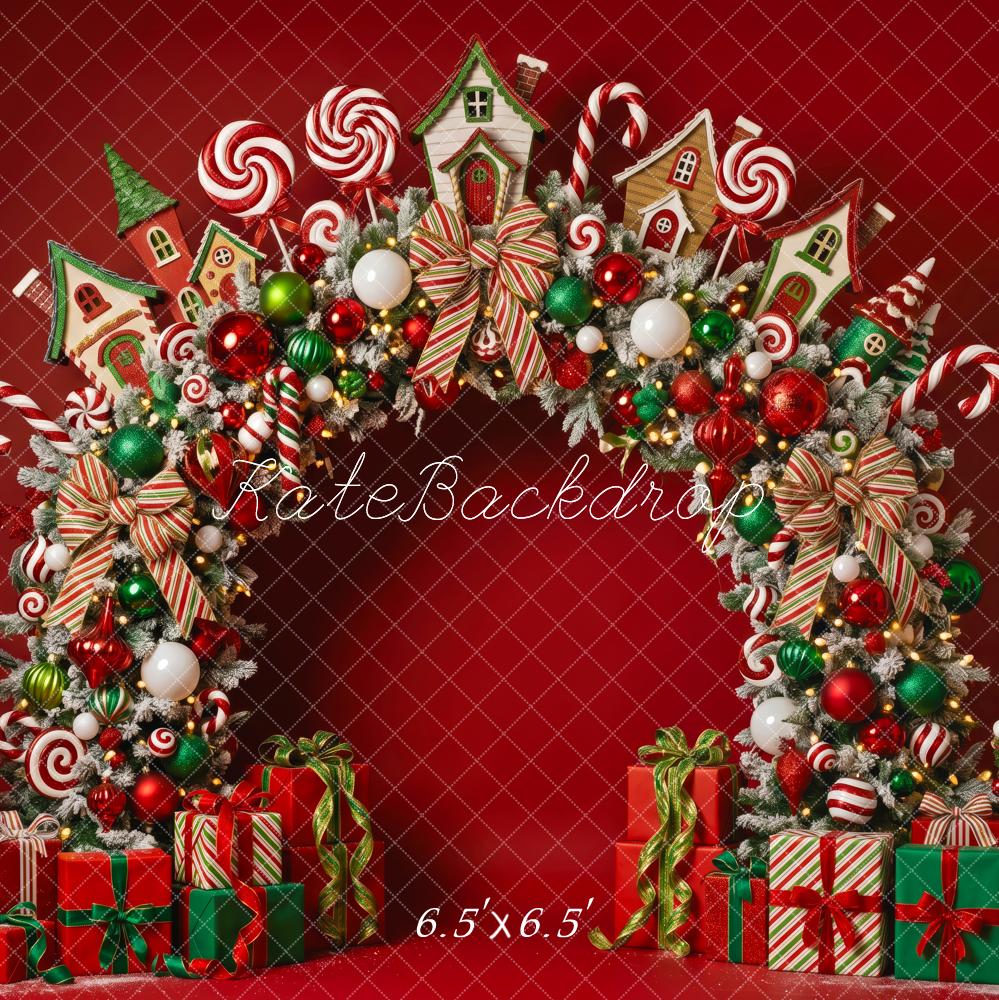 Kate Christmas Red Candy Cane Arch Gingerbread Houses Printed Backdrop Designed by Patty Roberts