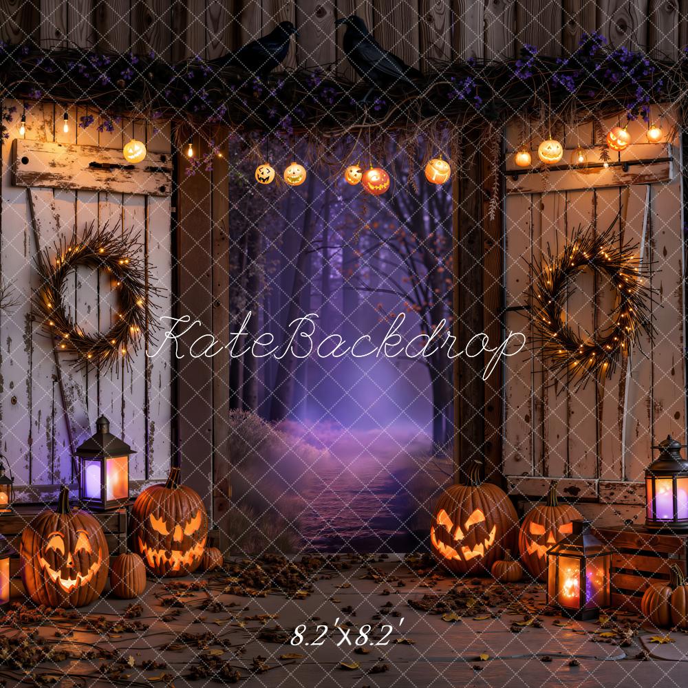 Kate Halloween Night Haunted Barn Doors Jack-o-Lanterns Printed Backdrop Designed by Emetselch