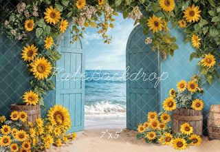Zomer Zonnebloem Strand Blauwe Deur Foto Achtergrond Ontworpen door Emetselch