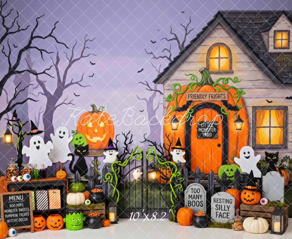 Kate Halloween Trick Or Treat Haunted House Pumpkins Ghosts Printed Backdrop Designed by Patty Roberts