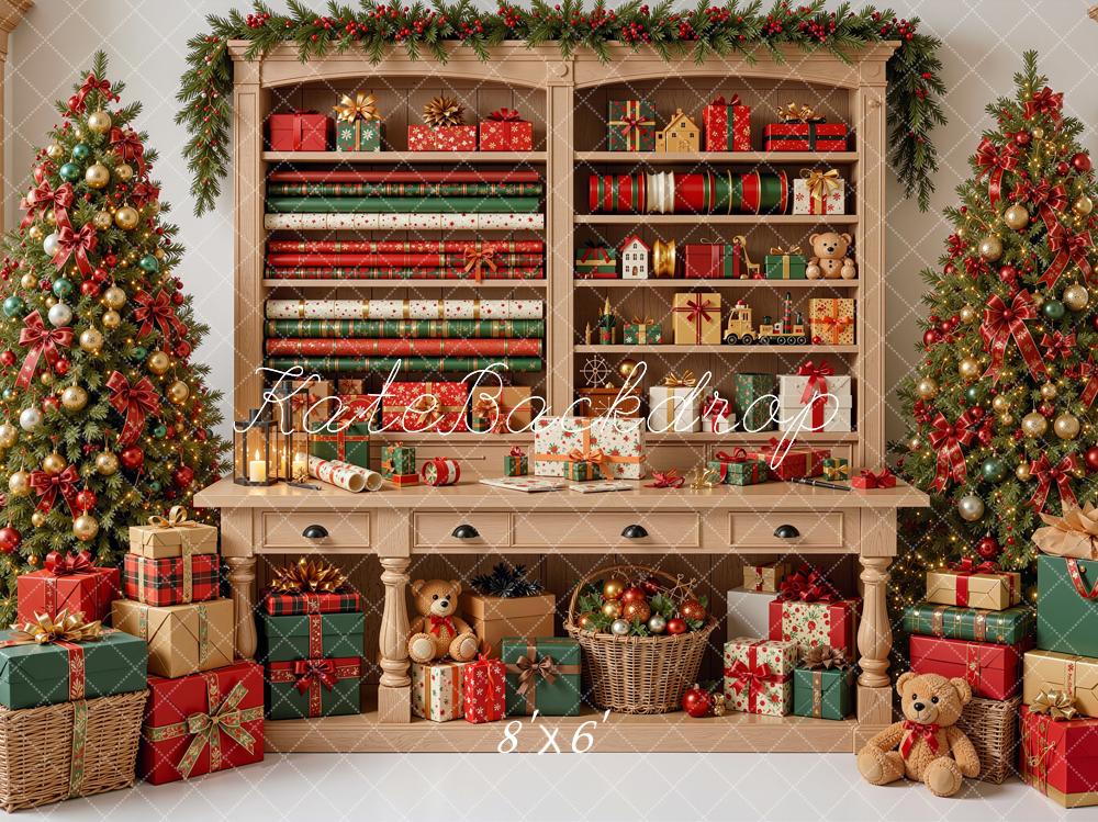 Kate Christmas Gift Wrapping Cabinet Presents Trees Printed Backdrop Designed by Shutter Swan Studios