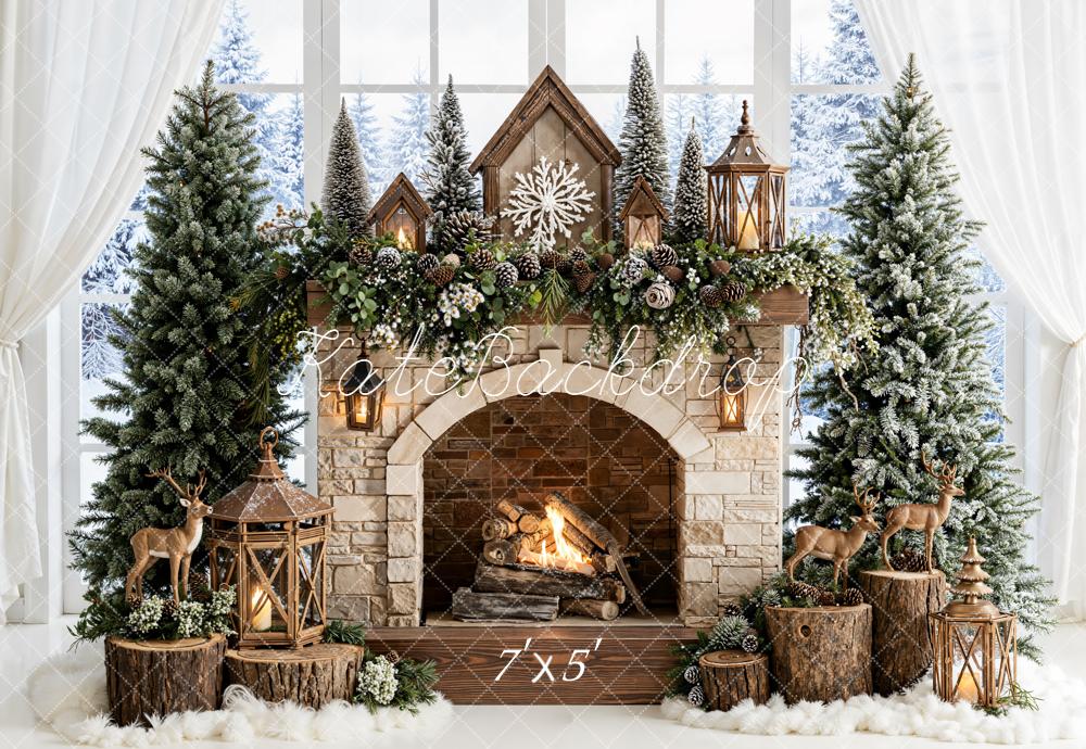 Kate Christmas Stone Fireplace Pine Trees Lanterns Deer Window Backdrop Designed by Emetselch