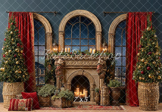 Kate Christmas Fireplace Arched Windows Tree Red Curtains Printed Backdrop Designed by Emetselch