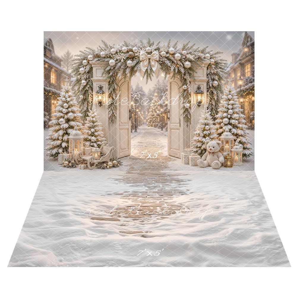 Kate Christmas Street Flower Arch Snowy Trees Lanterns Teddy Bear Printed Backdrop+Winter Snow Covered Cobblestone Path Printed Backdrop