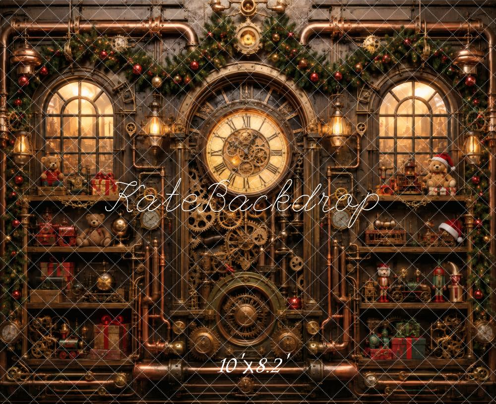 Kate Christmas Steampunk Clockwork Workshop Window Shelves Printed Backdrop Designed by Vertigo Productions