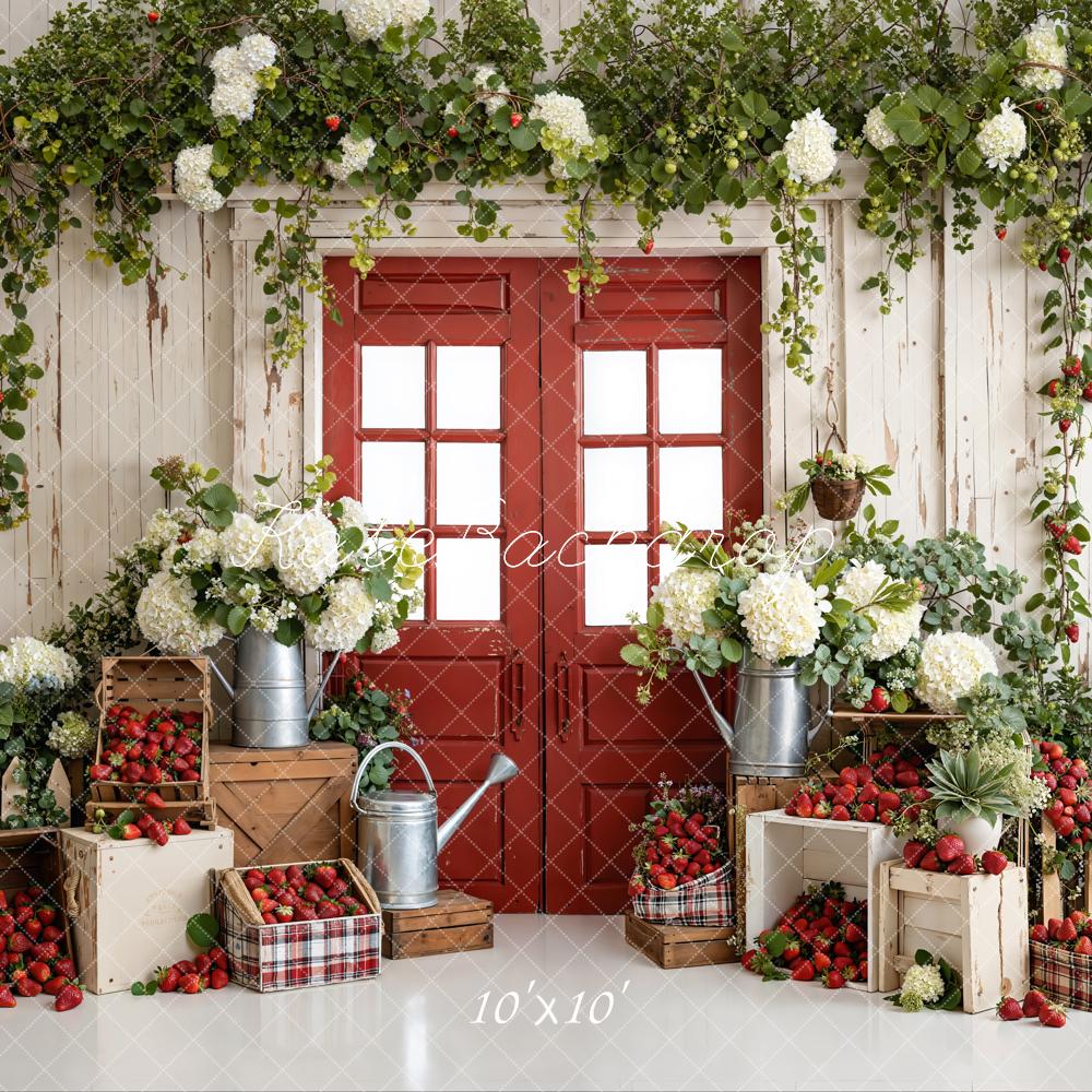 Kate Rustic Red Door White Hydrangeas Strawberries Crates Backdrop Designed by Emetselch