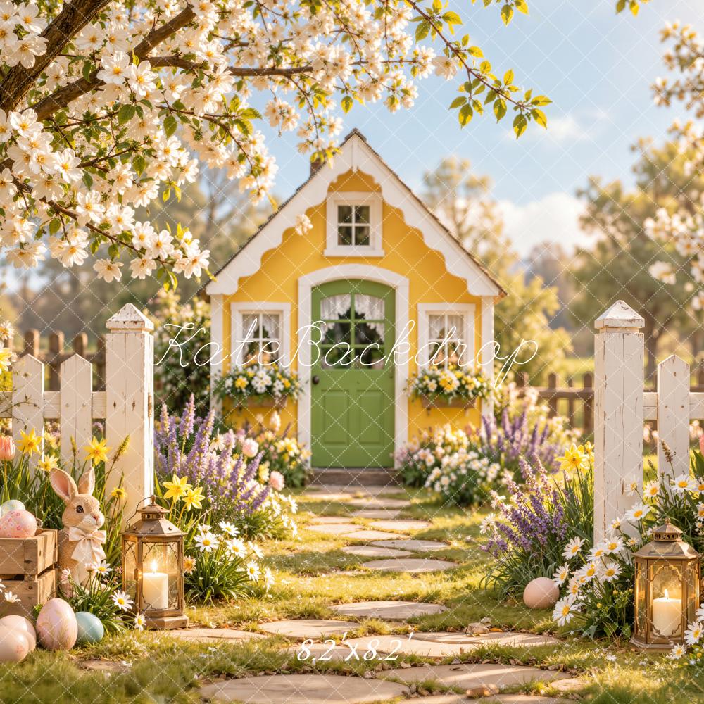 Kate Easter Yellow Cottage Garden Cherry Blossoms Bunny Printed Backdrop Designed by Emetselch