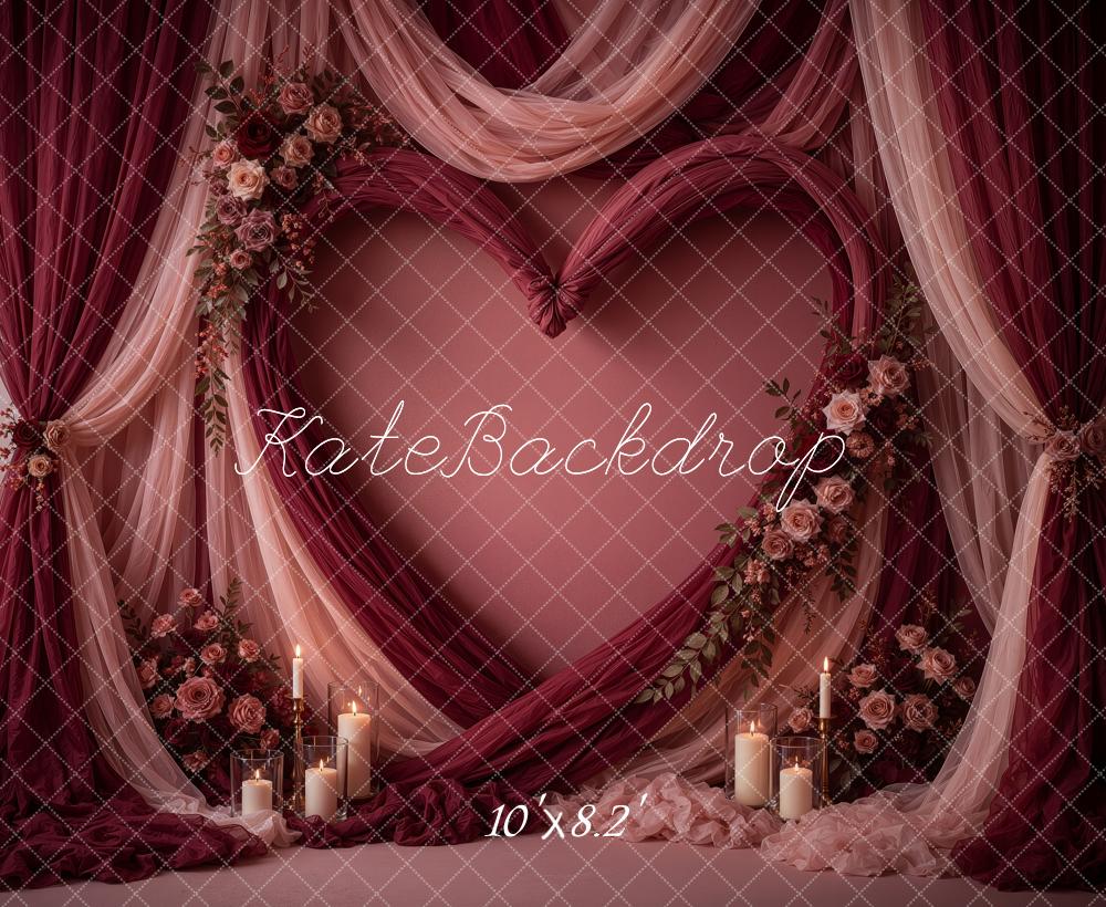 Kate Valentine's Day Burgundy Drapes Floral Heart Cozy Printed Backdrop Designed by Ashley Ward