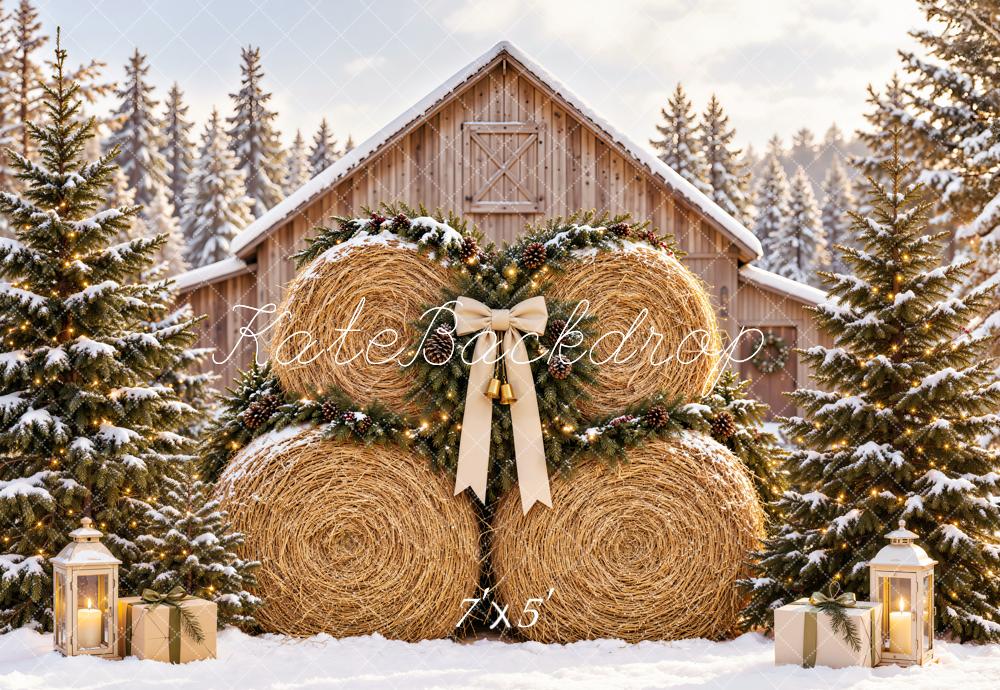 Kate Christmas Hay Bales Snowy Barn Pine Trees Bow Printed Backdrop Designed by Emetselch