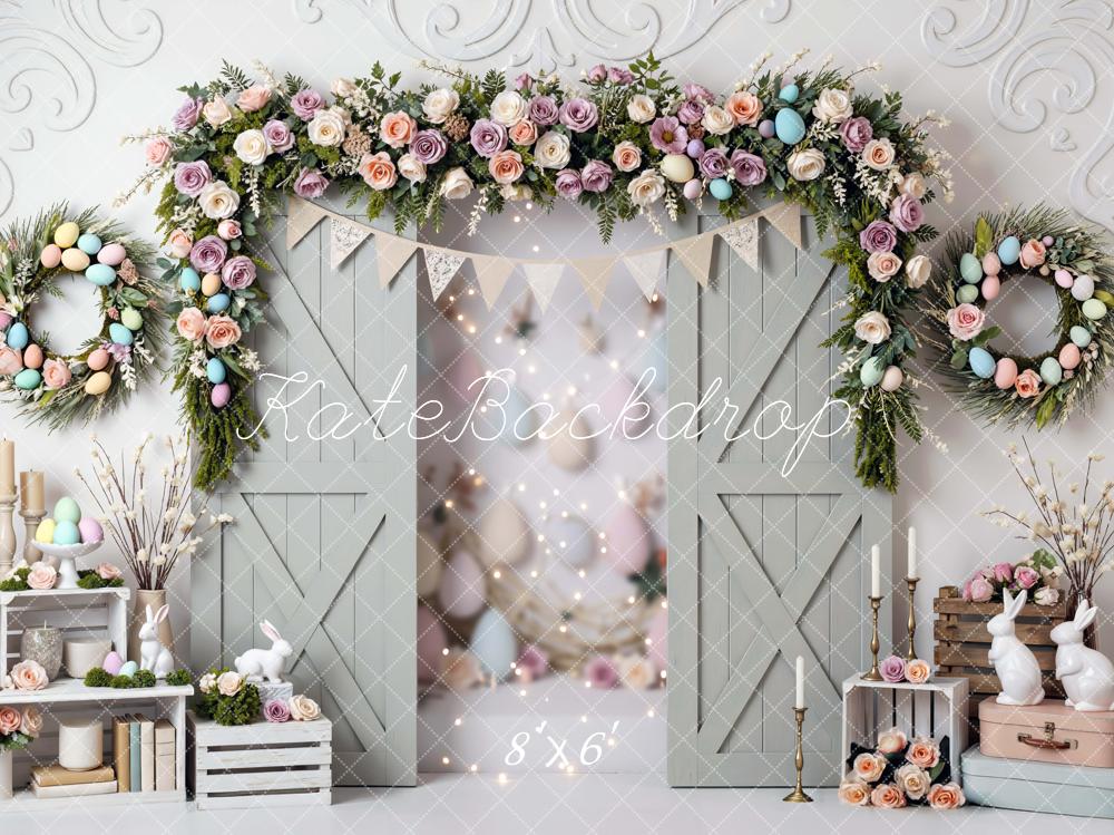 Kate Easter Bunny Flower Arch Pastel Barn Doors Backdrop Designed by Mini MakeBelieve