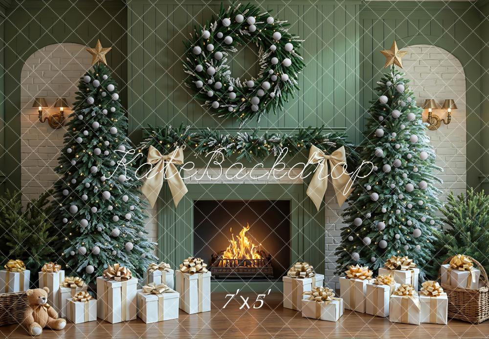 Kate Christmas Fireplace Tree Wreath Presents Gifts Green Backdrop Designed by Mini MakeBelieve