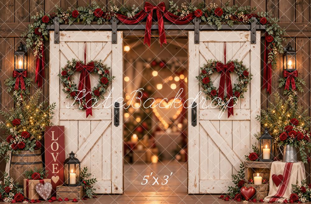 Kate Valentine's Day Rustic Barn Doors Roses Heart Wreath Printed Backdrop Designed by Emetselch