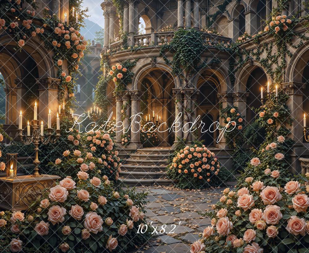 Kate Spring Flower Arch Candlelight Cascading Stairs Printed Backdrop Designed by Mini MakeBelieve