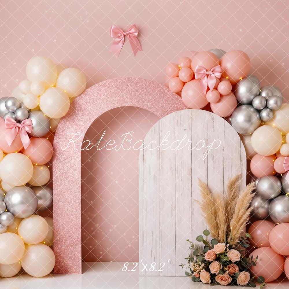 Kate Birthday Pink Balloon Arch Pampas Flowers Printed Backdrop Designed by Patty Roberts