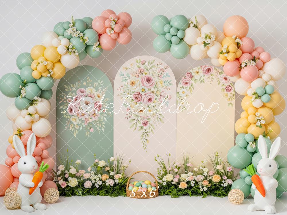Kate Easter Bunny Flower Arch Pastel Balloons Printed Backdrop Designed by Patty Roberts