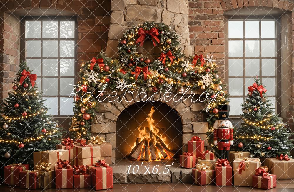 Fondo de Guirnalda de Cascanueces de Chimenea de Árbol de Navidad