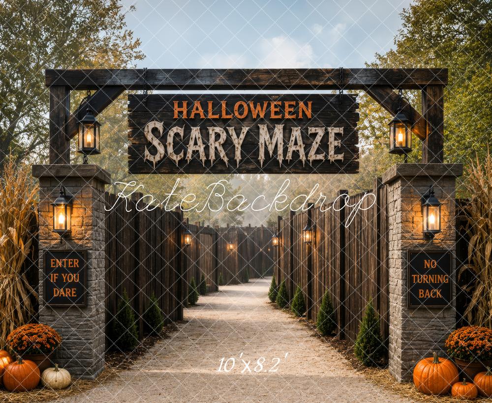 Kate Halloween Scary Maze Entrance Pumpkins Cornstalks Printed Backdrop Designed by Megan Leigh Photography