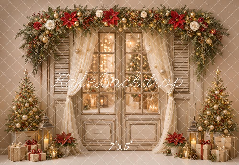 Kate Christmas Poinsettia Window Curtains Garland Printed Backdrop Designed by Emetselch