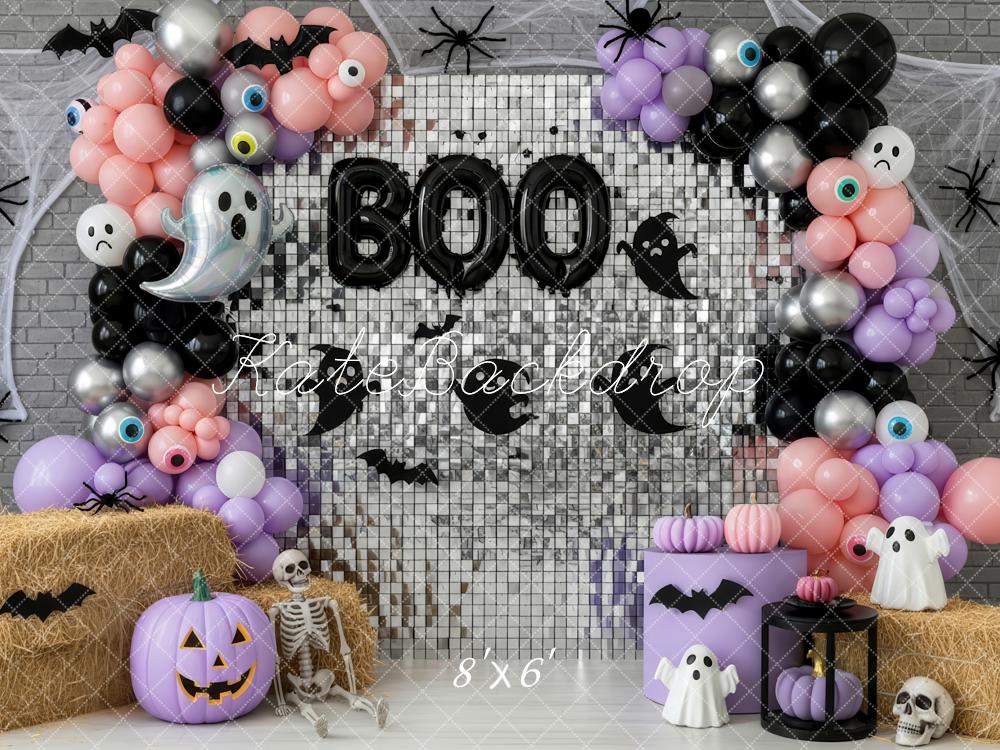 Kate Halloween Boo Balloon Garland Spider Ghost Bat Purple Pumpkin Backdrop Designed by Patty Roberts