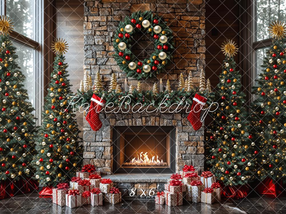 Kate Christmas Trees Stone Fireplace Wreath Gifts Backdrop Designed by Mini MakeBelieve