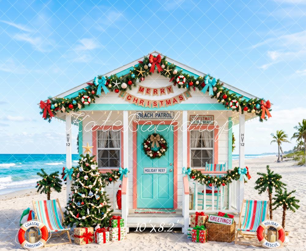Kate Christmas Tree Coastal Beach Hut Blue Printed Backdrop Designed by Patty Roberts
