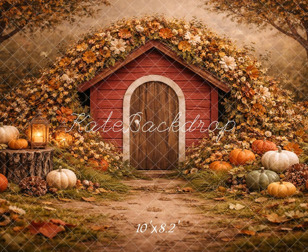 Kate Fall Red Cabin Pumpkin Flower Arch Forest  Printed Backdrop Designed by Caitlin Lynch