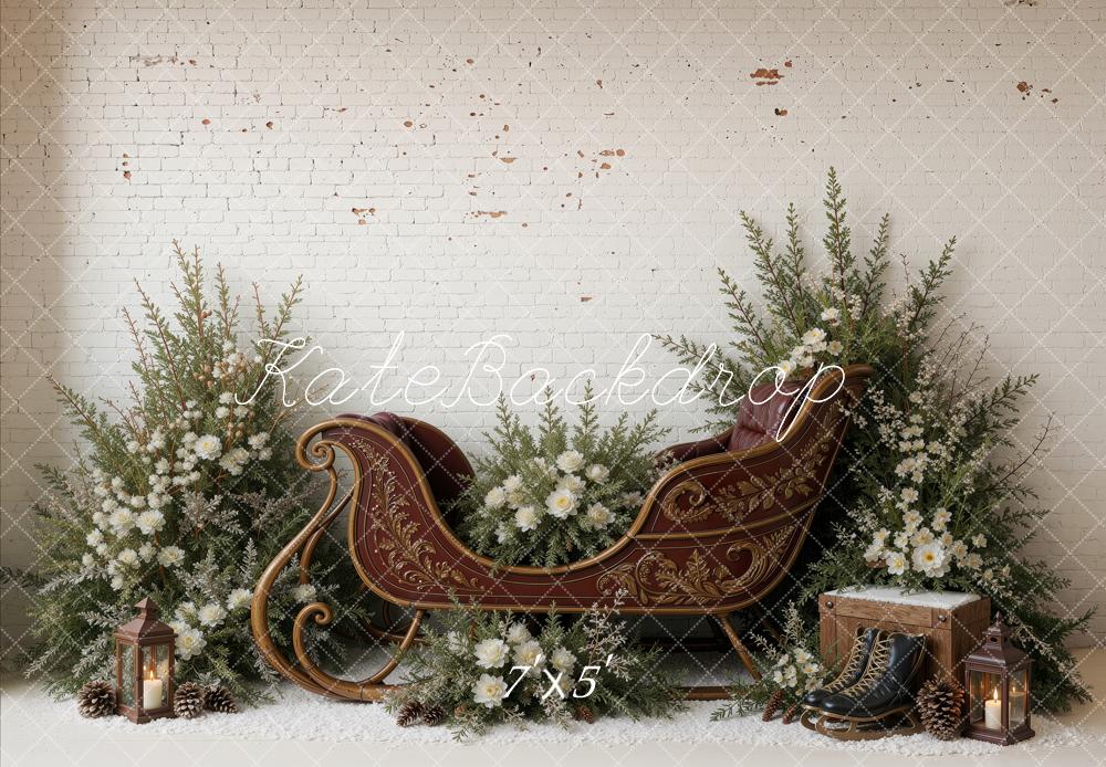 Kate Christmas Sleigh White Flowers Pine Greenery Brick Wall Printed Backdrop Designed by Ashley Ward