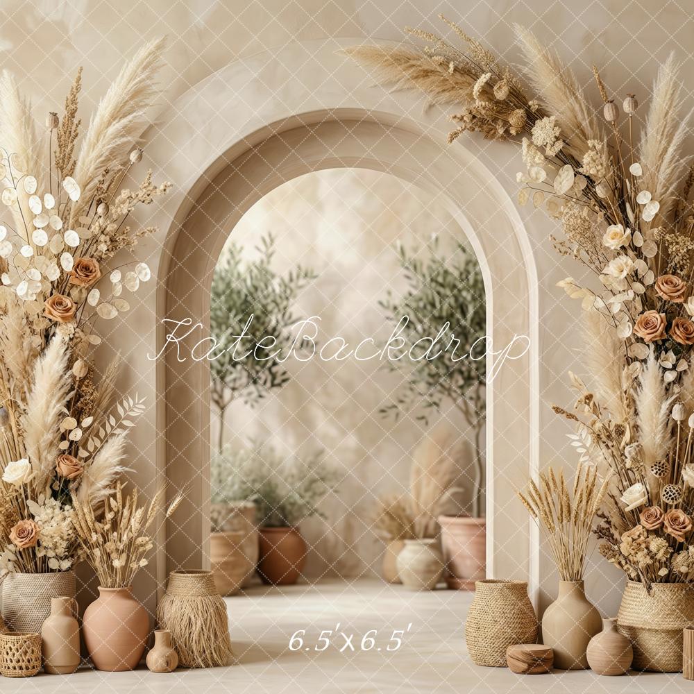 Kate Boho Flower Arch Pampas Grass Vases Beige Printed Backdrop Designed by Patty Roberts